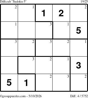 The grouppuzzles.com Difficult Sudoku-5 puzzle for Sunday May 10, 2026 with the first 3 steps marked