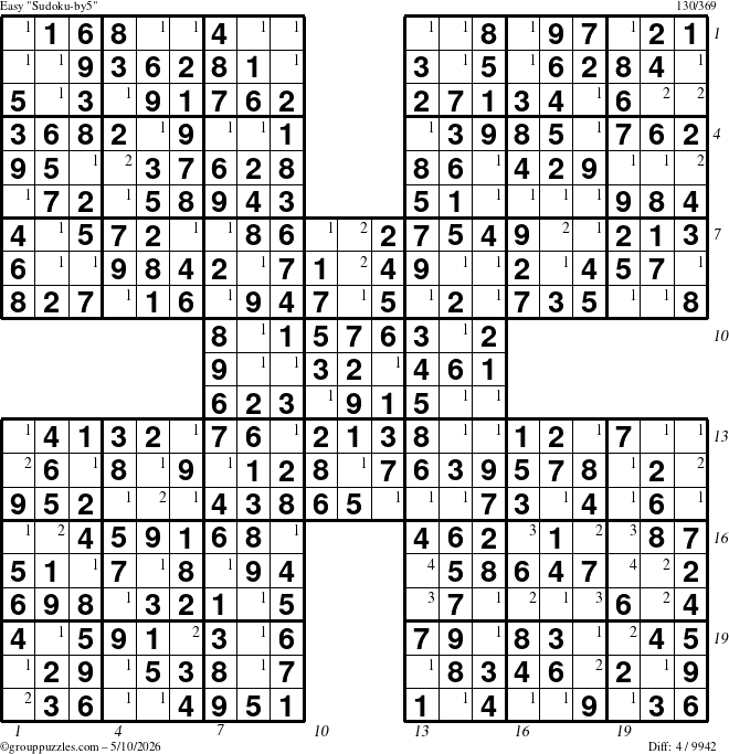 The grouppuzzles.com Easy Sudoku-by5 puzzle for Sunday May 10, 2026, suitable for printing, with all 4 steps marked