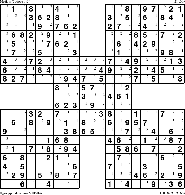 The grouppuzzles.com Medium Sudoku-by5 puzzle for Sunday May 10, 2026 with the first 3 steps marked