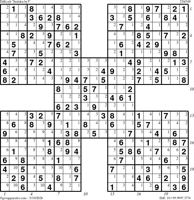 The grouppuzzles.com Difficult Sudoku-by5 puzzle for Sunday May 10, 2026 with all 10 steps marked