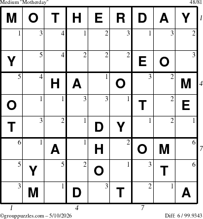 The grouppuzzles.com Medium Motherday puzzle for Sunday May 10, 2026, suitable for printing, with all 6 steps marked