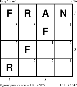 The grouppuzzles.com Easy Fran puzzle for Thursday November 13, 2025 with all 3 steps marked