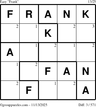 The grouppuzzles.com Easy Frank puzzle for Thursday November 13, 2025 with the first 3 steps marked