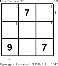 The grouppuzzles.com Easy TicTac-789 puzzle for Thursday November 13, 2025, suitable for printing, with all 2 steps marked