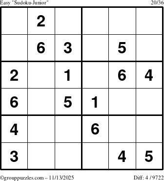 The grouppuzzles.com Easy Sudoku-Junior puzzle for Thursday November 13, 2025