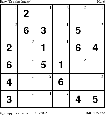 The grouppuzzles.com Easy Sudoku-Junior puzzle for Thursday November 13, 2025 with the first 3 steps marked
