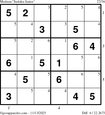 The grouppuzzles.com Medium Sudoku-Junior puzzle for Thursday November 13, 2025, suitable for printing, with all 6 steps marked