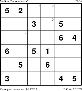 The grouppuzzles.com Medium Sudoku-Junior puzzle for Thursday November 13, 2025 with the first 3 steps marked