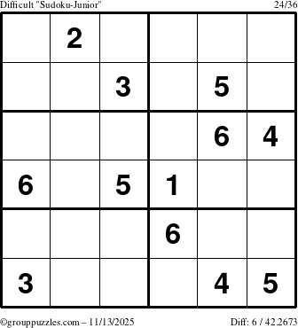 The grouppuzzles.com Difficult Sudoku-Junior puzzle for Thursday November 13, 2025