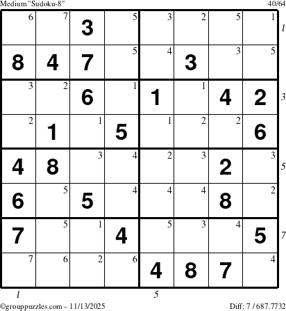 The grouppuzzles.com Medium Sudoku-8 puzzle for Thursday November 13, 2025 with all 7 steps marked