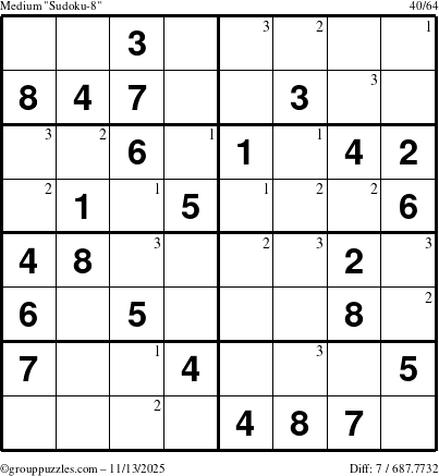 The grouppuzzles.com Medium Sudoku-8 puzzle for Thursday November 13, 2025 with the first 3 steps marked