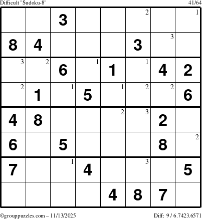 The grouppuzzles.com Difficult Sudoku-8 puzzle for Thursday November 13, 2025 with the first 3 steps marked