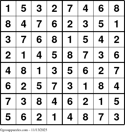 The grouppuzzles.com Answer grid for the Sudoku-8 puzzle for Thursday November 13, 2025