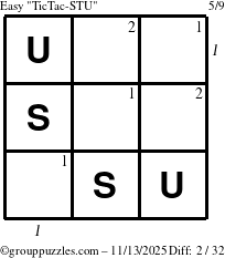 The grouppuzzles.com Easy TicTac-STU puzzle for Thursday November 13, 2025 with all 2 steps marked