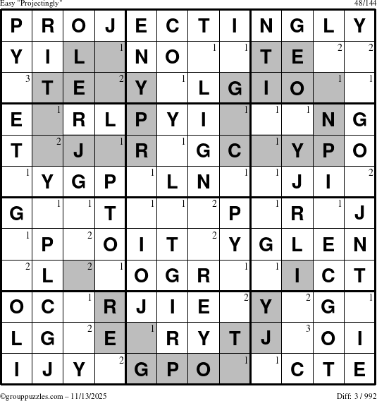 The grouppuzzles.com Easy Projectingly puzzle for Thursday November 13, 2025 with the first 3 steps marked