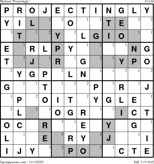 The grouppuzzles.com Medium Projectingly puzzle for Thursday November 13, 2025 with the first 3 steps marked