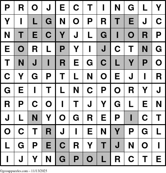 The grouppuzzles.com Answer grid for the Projectingly puzzle for Thursday November 13, 2025