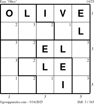 The grouppuzzles.com Easy Olive puzzle for Friday May 16, 2025 with all 3 steps marked
