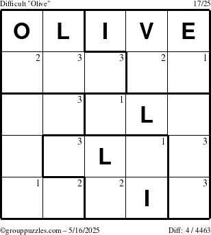 The grouppuzzles.com Difficult Olive puzzle for Friday May 16, 2025 with the first 3 steps marked