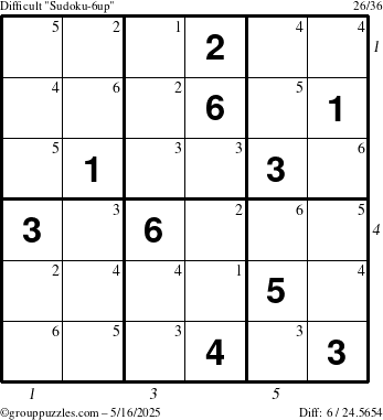 The grouppuzzles.com Difficult Sudoku-6up puzzle for Friday May 16, 2025 with all 6 steps marked