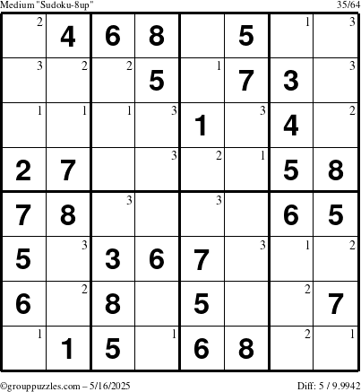 The grouppuzzles.com Medium Sudoku-8up puzzle for Friday May 16, 2025 with the first 3 steps marked