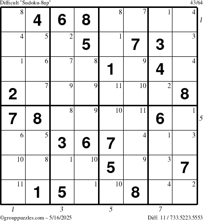 The grouppuzzles.com Difficult Sudoku-8up puzzle for Friday May 16, 2025 with all 11 steps marked