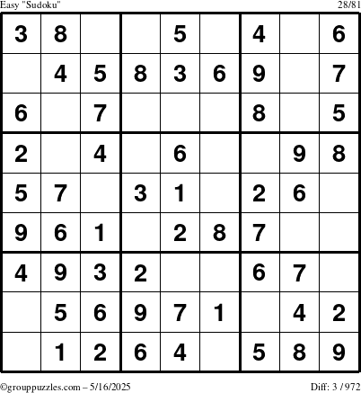 The grouppuzzles.com Easy Sudoku puzzle for Friday May 16, 2025
