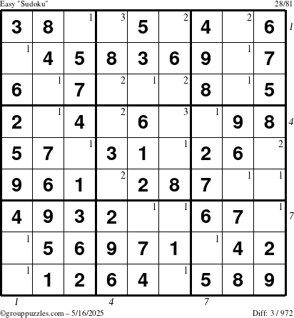 The grouppuzzles.com Easy Sudoku puzzle for Friday May 16, 2025 with all 3 steps marked