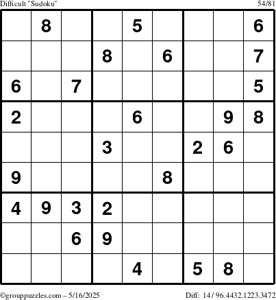 The grouppuzzles.com Difficult Sudoku puzzle for Friday May 16, 2025