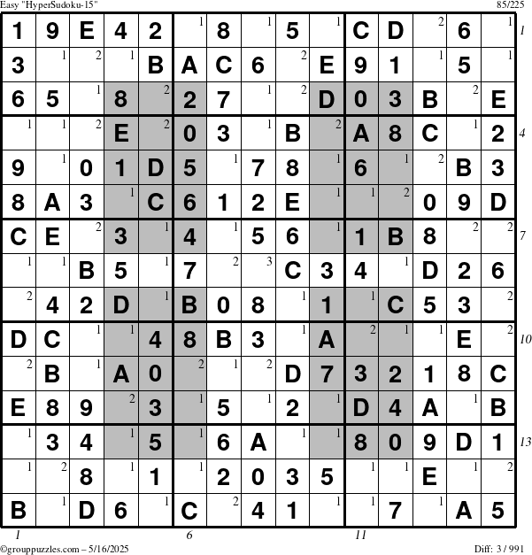 The grouppuzzles.com Easy HyperSudoku-15 puzzle for Friday May 16, 2025 with all 3 steps marked