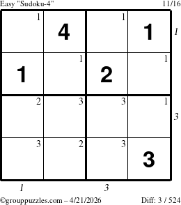 The grouppuzzles.com Easy Sudoku-4 puzzle for Tuesday April 21, 2026, suitable for printing, with all 3 steps marked