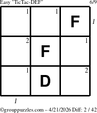 The grouppuzzles.com Easy TicTac-DEF puzzle for Tuesday April 21, 2026, suitable for printing, with all 2 steps marked