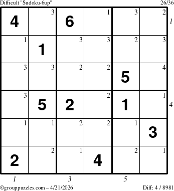 The grouppuzzles.com Difficult Sudoku-6up puzzle for Tuesday April 21, 2026 with all 4 steps marked