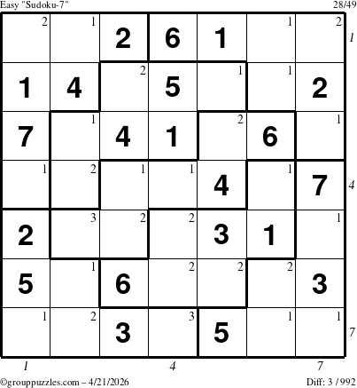 The grouppuzzles.com Easy Sudoku-7 puzzle for Tuesday April 21, 2026 with all 3 steps marked