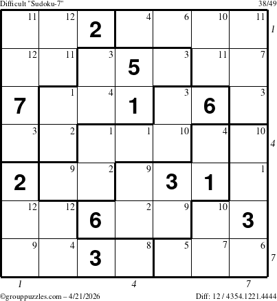 The grouppuzzles.com Difficult Sudoku-7 puzzle for Tuesday April 21, 2026 with all 12 steps marked