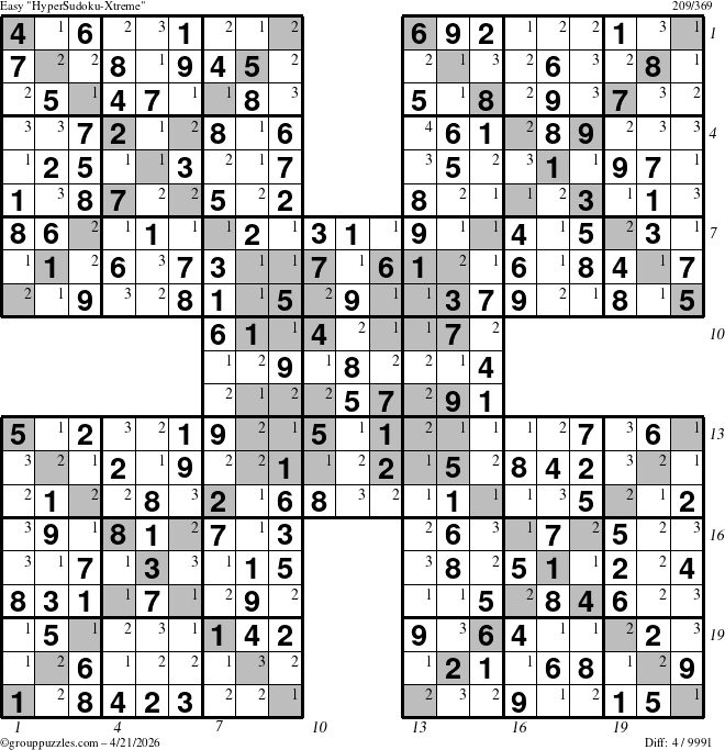 The grouppuzzles.com Easy HyperSudoku-Xtreme puzzle for Tuesday April 21, 2026 with all 4 steps marked