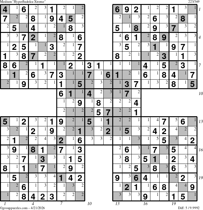 The grouppuzzles.com Medium HyperSudoku-Xtreme puzzle for Tuesday April 21, 2026, suitable for printing, with all 5 steps marked