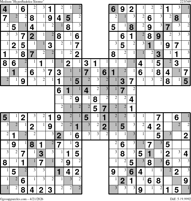 The grouppuzzles.com Medium HyperSudoku-Xtreme puzzle for Tuesday April 21, 2026 with the first 3 steps marked