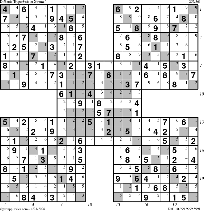 The grouppuzzles.com Difficult HyperSudoku-Xtreme puzzle for Tuesday April 21, 2026 with all 10 steps marked