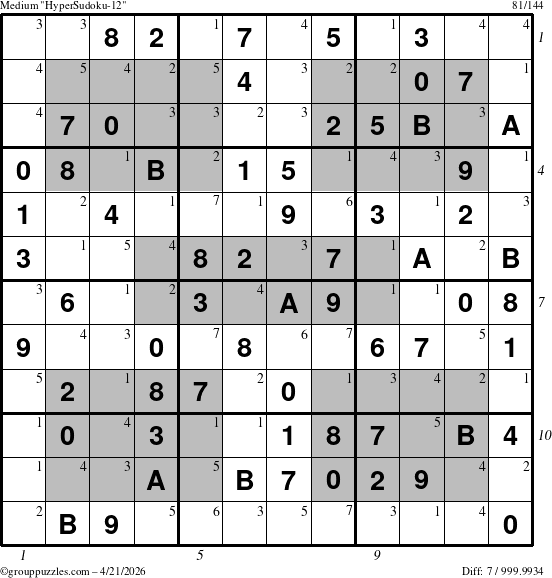 The grouppuzzles.com Medium HyperSudoku-12 puzzle for Tuesday April 21, 2026 with all 7 steps marked