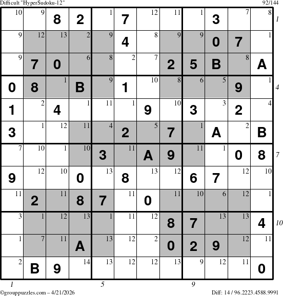 The grouppuzzles.com Difficult HyperSudoku-12 puzzle for Tuesday April 21, 2026 with all 14 steps marked