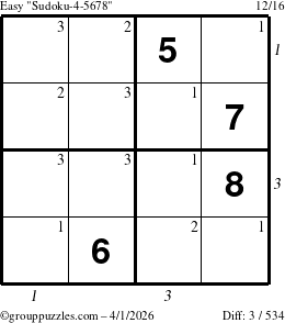 The grouppuzzles.com Easy Sudoku-4-5678 puzzle for Wednesday April 1, 2026, suitable for printing, with all 3 steps marked