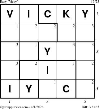 The grouppuzzles.com Easy Vicky puzzle for Wednesday April 1, 2026 with all 3 steps marked