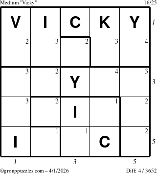 The grouppuzzles.com Medium Vicky puzzle for Wednesday April 1, 2026, suitable for printing, with all 4 steps marked