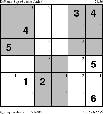 The grouppuzzles.com Difficult SuperSudoku-Junior puzzle for Wednesday April 1, 2026 with the first 3 steps marked