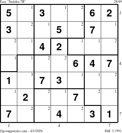 The grouppuzzles.com Easy Sudoku-7B puzzle for Wednesday April 1, 2026 with all 3 steps marked