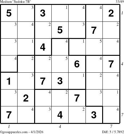 The grouppuzzles.com Medium Sudoku-7B puzzle for Wednesday April 1, 2026 with all 5 steps marked