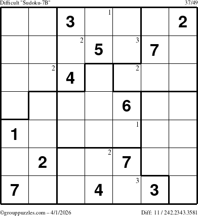 The grouppuzzles.com Difficult Sudoku-7B puzzle for Wednesday April 1, 2026 with the first 3 steps marked