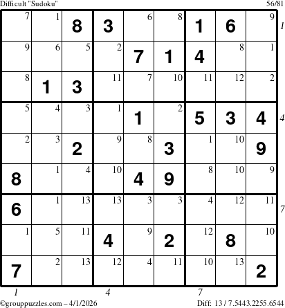 The grouppuzzles.com Difficult Sudoku puzzle for Wednesday April 1, 2026, suitable for printing, with all 13 steps marked