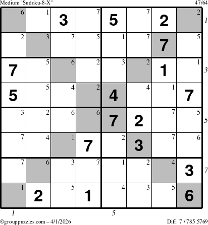 The grouppuzzles.com Medium Sudoku-8-X puzzle for Wednesday April 1, 2026, suitable for printing, with all 7 steps marked